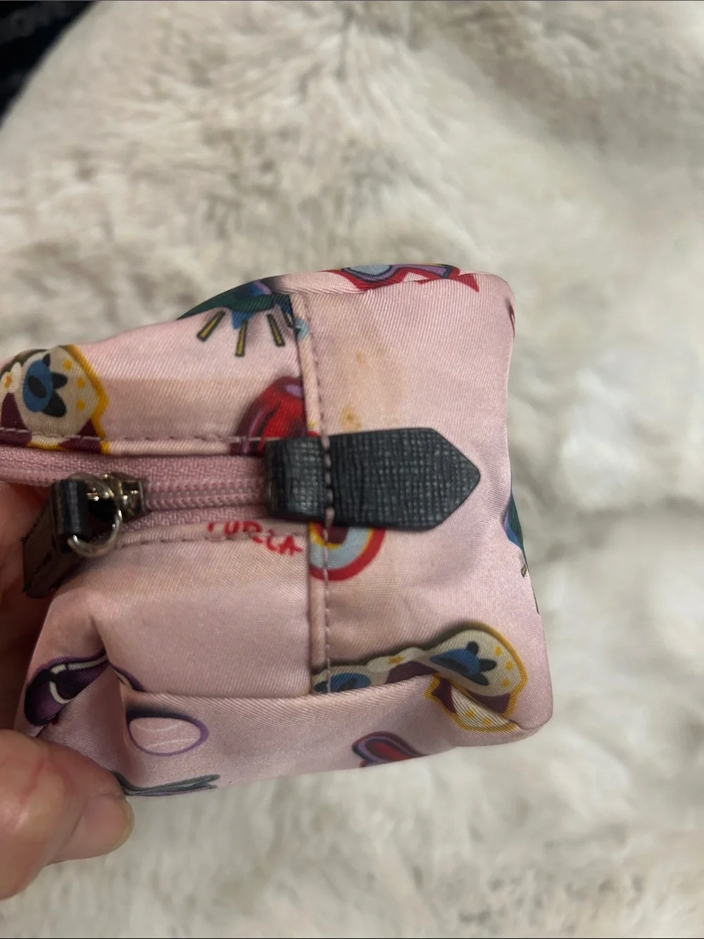 Furla Seasonal pink sticker print canvas clutch, cosmetic bag with mirror/strap